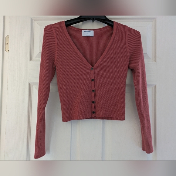 Old Navy Long Sleeve Ribbed Fitted Button Down Cardigan Mineral Rouge Pink XS - Picture 1 of 5